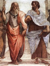Platon&Aristote. Détail de la fresque l'École d'Athènes du peintre italien Raphaël, 1509.